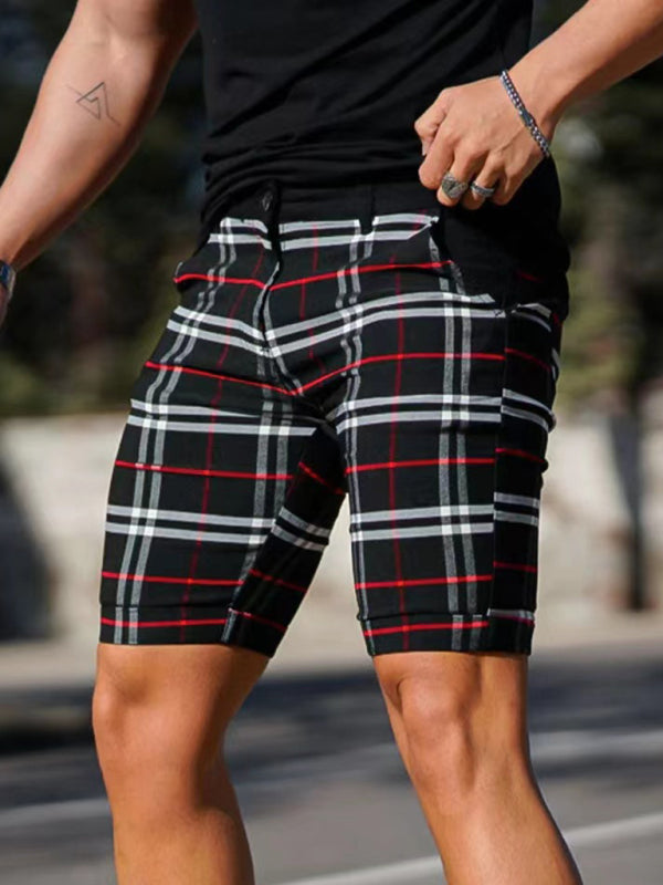 men’s skinny plaid plus size casual shorts - Black / S