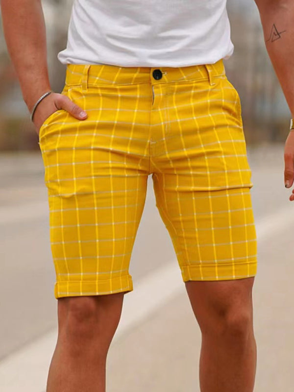 men’s skinny plaid plus size casual shorts - Yellow / S