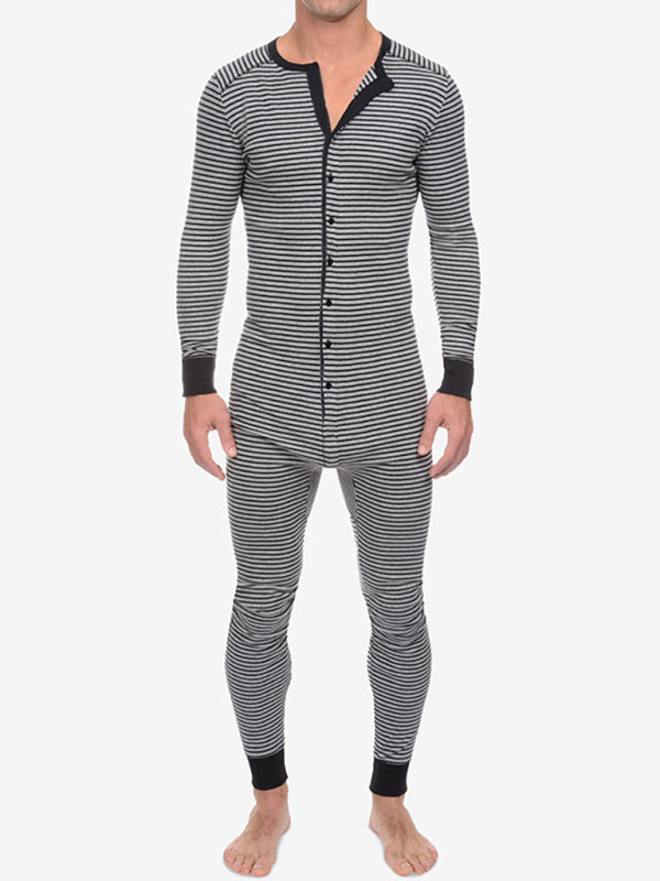 Men’s Slim Striped Print Crew Neck Button Long Sleeve Trousers One Piece Pajama - Black strips / S