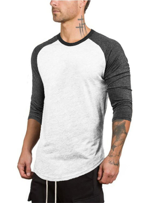 Men’s Slim Three-quarter Sleeves Raglan T-Shirt Round Neck Contrasting Color Sports - White / M
