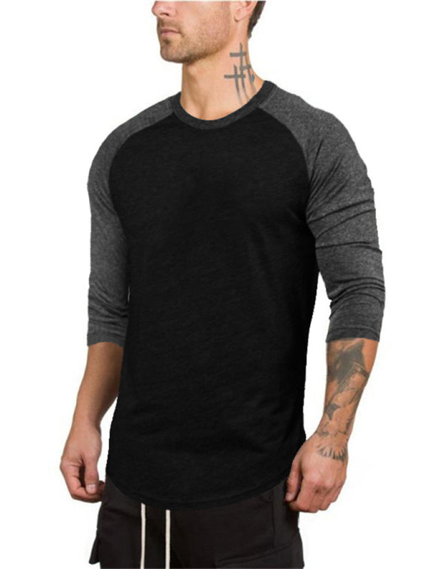Men’s Slim Three-quarter Sleeves Raglan T-Shirt Round Neck Contrasting Color Sports - Black / M