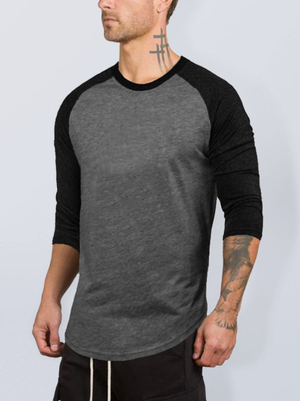 Men’s Slim Three-quarter Sleeves Raglan T-Shirt Round Neck Contrasting Color Sports - Grey / M