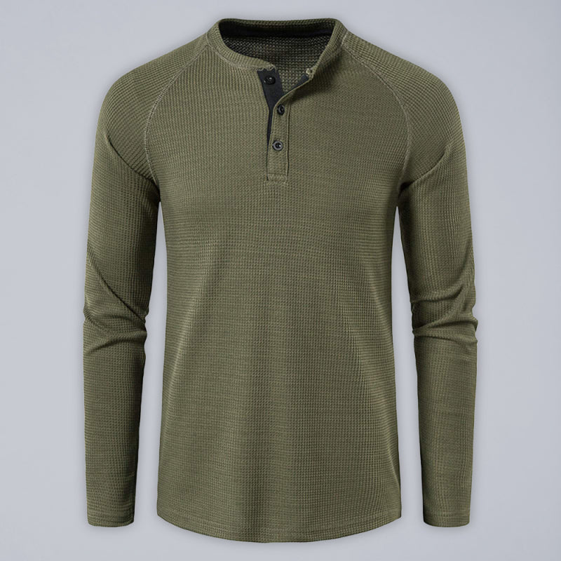 Men’s solid-color basic button-down long-sleeve T-shirt - Olive green / S