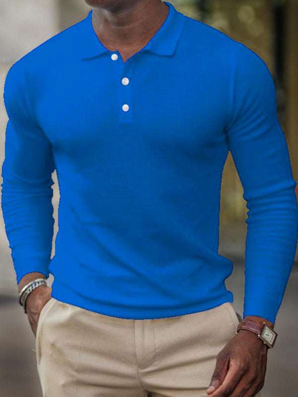Men’s solid-color button-down long-sleeve polo shirt - Blue / M