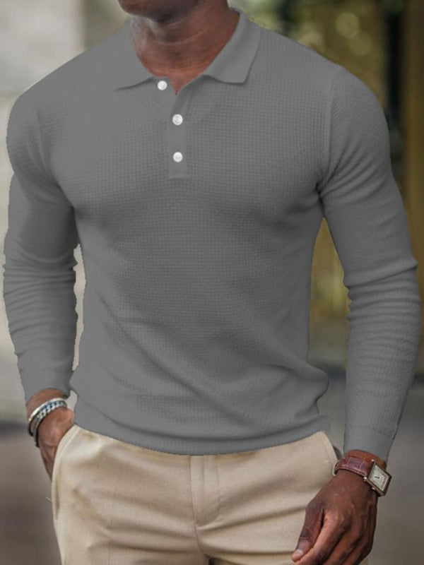 Men’s solid-color button-down long-sleeve polo shirt - Grey / M