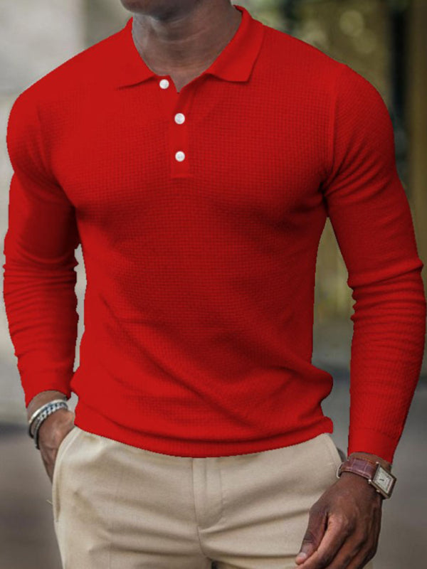 Men’s solid-color button-down long-sleeve polo shirt - Red / M