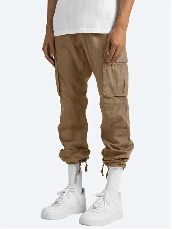 Men’s Solid Color Cargo Pocket Casual Trousers - Khaki / M