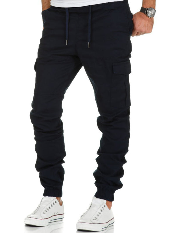 Men’s Solid Color Cargo Pocket Drawstring Casual Trousers