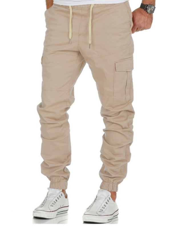 Men’s Solid Color Cargo Pocket Drawstring Casual Trousers