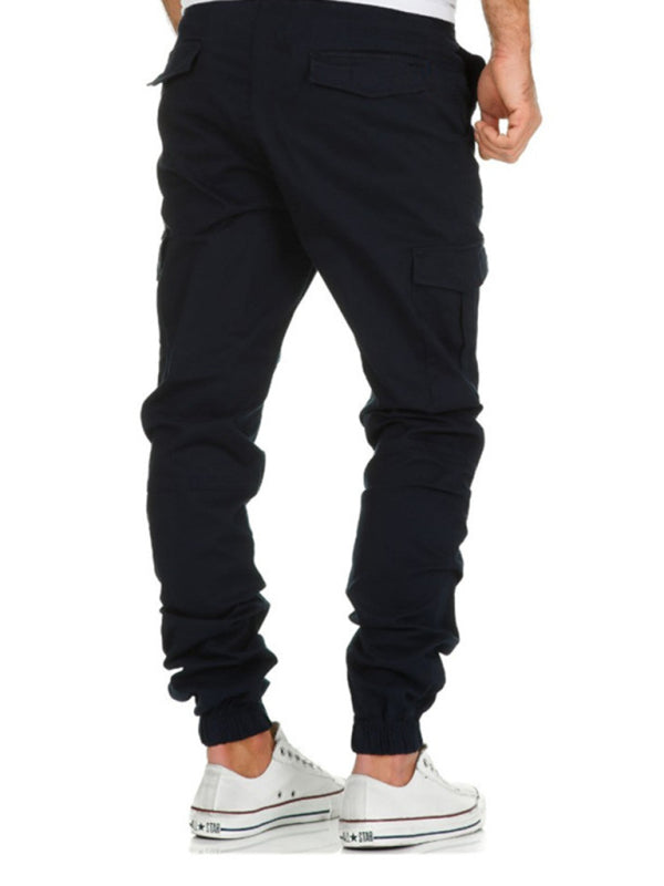Men’s Solid Color Cargo Pocket Drawstring Casual Trousers