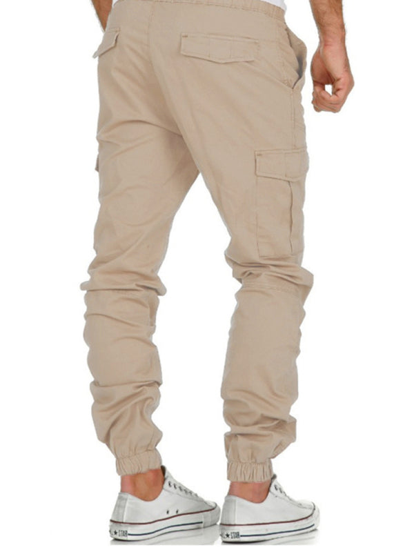 Men’s Solid Color Cargo Pocket Drawstring Casual Trousers