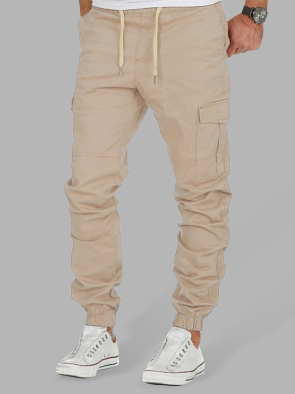 Men’s Solid Color Cargo Pocket Drawstring Casual Trousers - Khaki / M