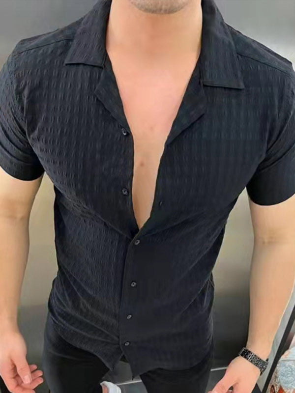 Men’s Solid Color Casual Lapel Short Sleeve Shirt - Black / M