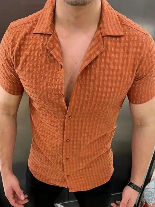 Men’s Solid Color Casual Lapel Short Sleeve Shirt - Orange / M
