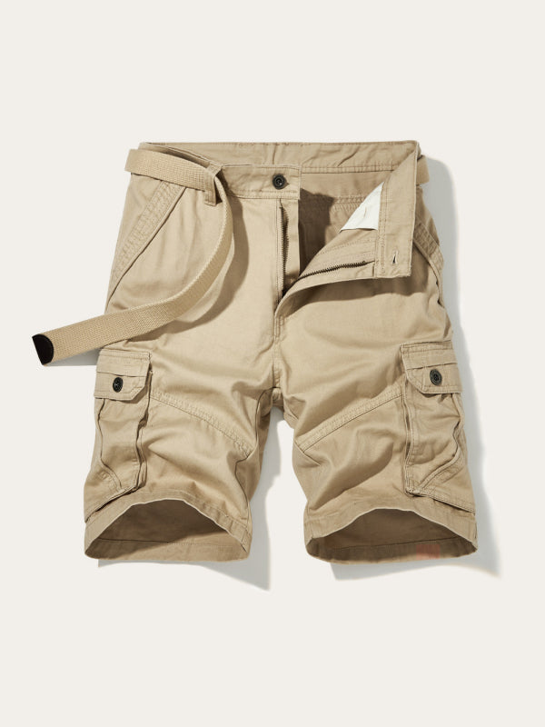 Men’s Solid Color Casual Multi-Pocket Cargo Shorts(Without Belt) - Khaki / 30