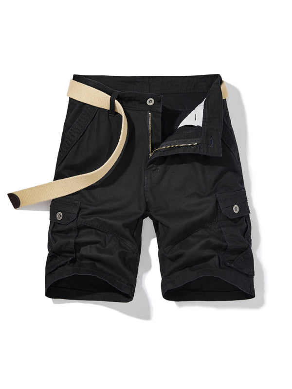Men’s Solid Color Casual Multi-Pocket Cargo Shorts(Without Belt) - Black / 30