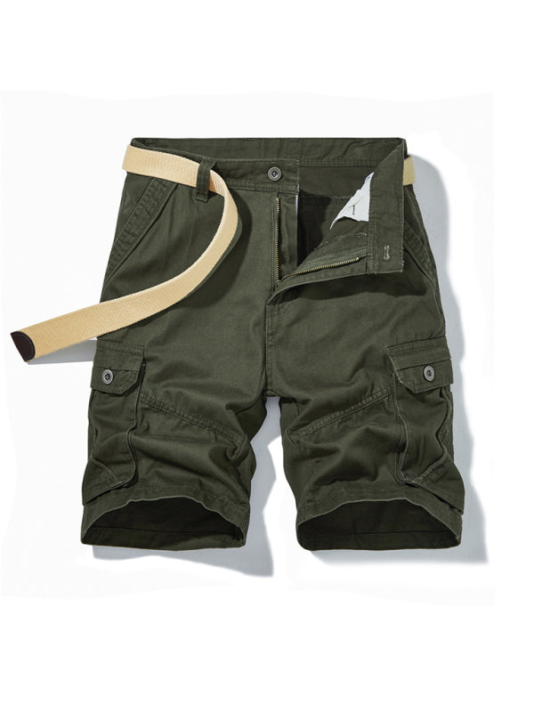 Men’s Solid Color Casual Multi-Pocket Cargo Shorts(Without Belt) - Olive green / 30