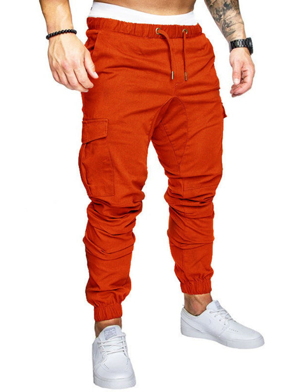 Men’s Solid Color Casual Tether Elastic Sports Baggies Men’s Trousers - Orange / M