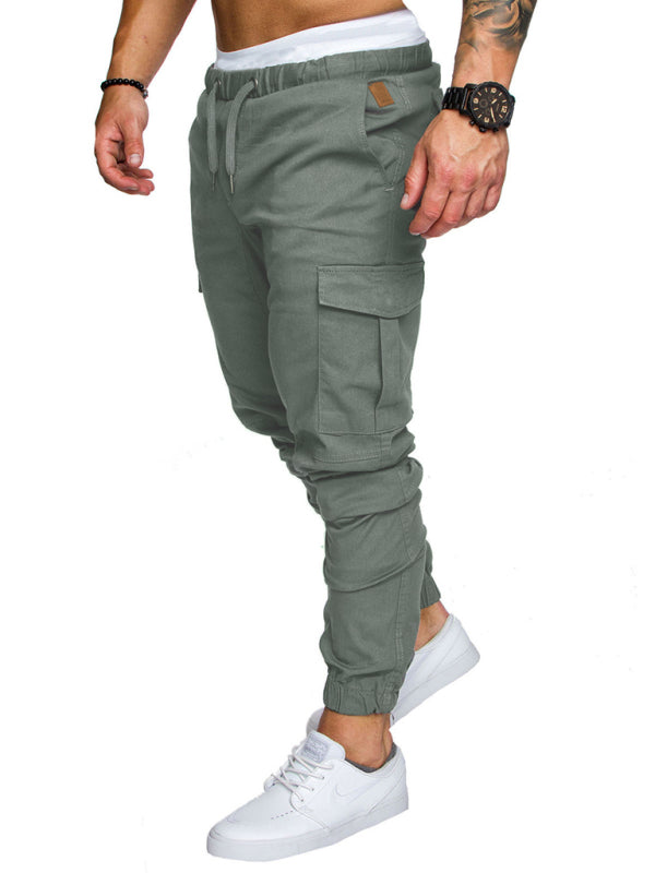 Men’s Solid Color Casual Tether Elastic Sports Baggies Men’s Trousers - Olive green / M