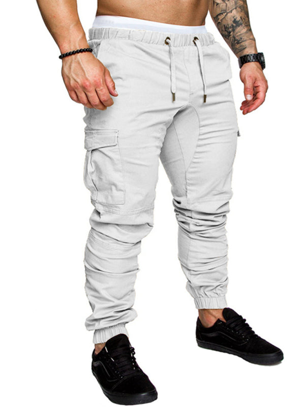 Men’s Solid Color Casual Tether Elastic Sports Baggies Men’s Trousers - White / M