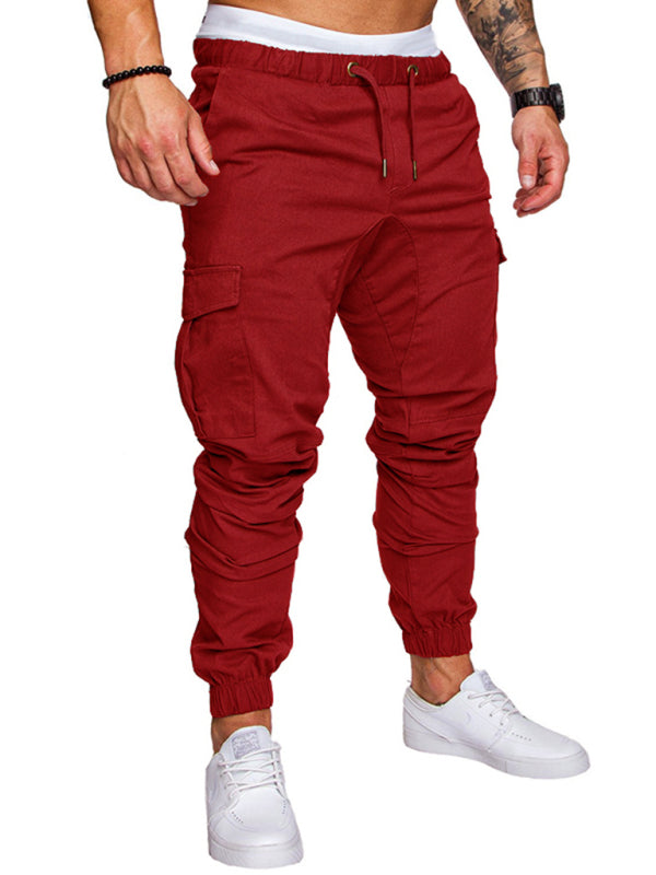 Men’s Solid Color Casual Tether Elastic Sports Baggies Men’s Trousers - Wine Red / M