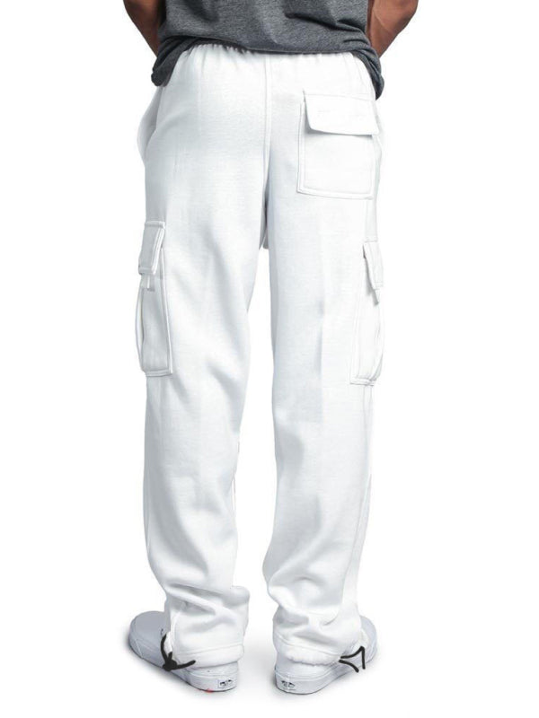 Men’s Solid color elastic waist multi-pocket loose fit cargo pants