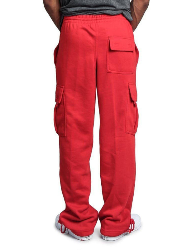 Men’s Solid color elastic waist multi-pocket loose fit cargo pants