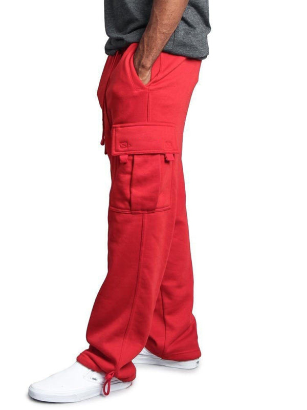 Men’s Solid color elastic waist multi-pocket loose fit cargo pants