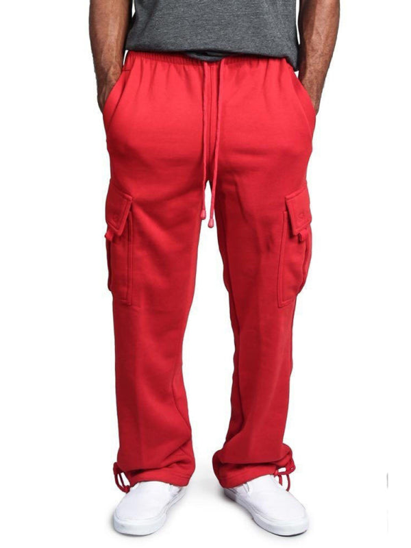 Men’s Solid color elastic waist multi-pocket loose fit cargo pants - Red / S
