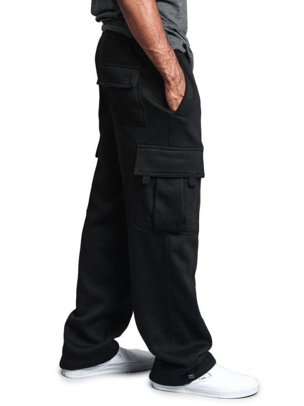 Men’s Solid color elastic waist multi-pocket loose fit cargo pants