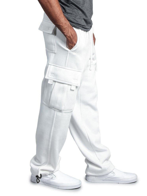 Men’s Solid color elastic waist multi-pocket loose fit cargo pants