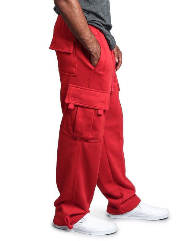 Men’s Solid color elastic waist multi-pocket loose fit cargo pants