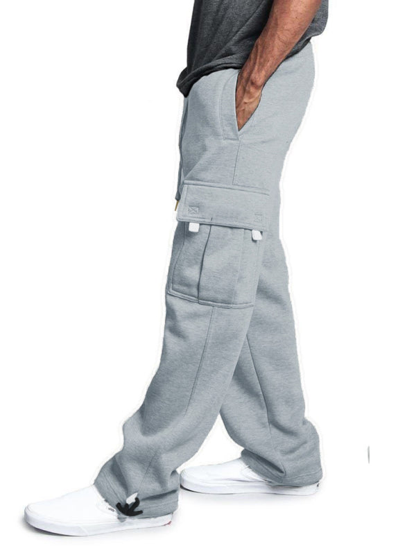 Men’s Solid color elastic waist multi-pocket loose fit cargo pants