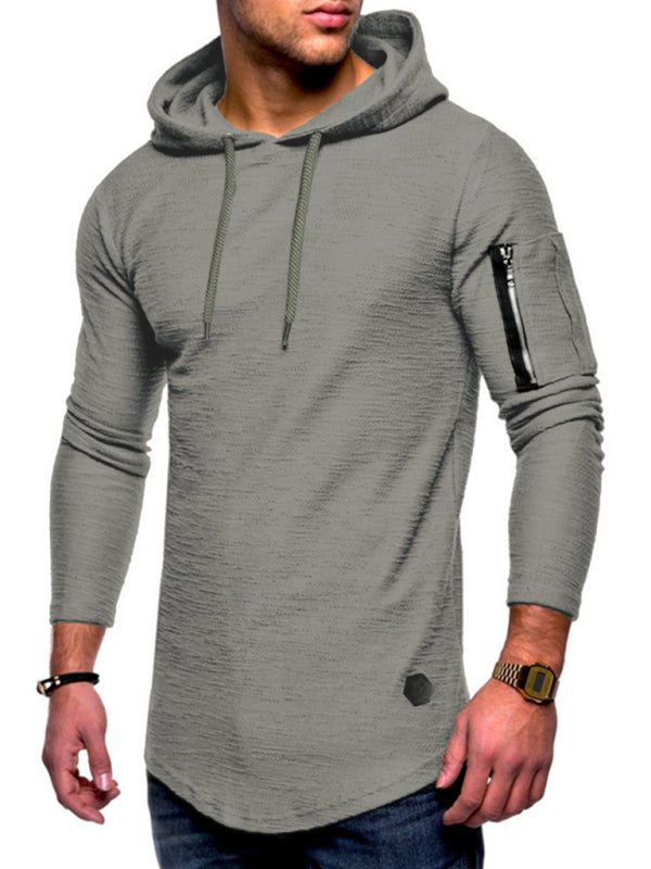 Men’s solid color hooded casual long-sleeve T-shirt