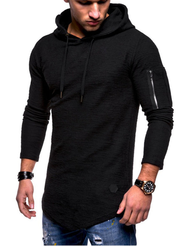 Men’s solid color hooded casual long-sleeve T-shirt - Black / M