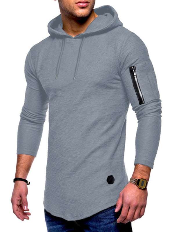 Men’s solid color hooded casual long-sleeve T-shirt - Grey / M