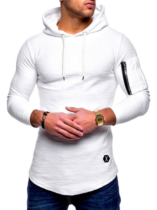 Men’s solid color hooded casual long-sleeve T-shirt - White / M