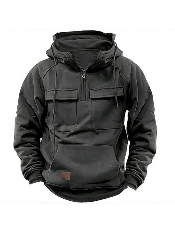 Men’s solid color hooded sports multi-pocket sweatshirt jacket - Charcoal grey / S