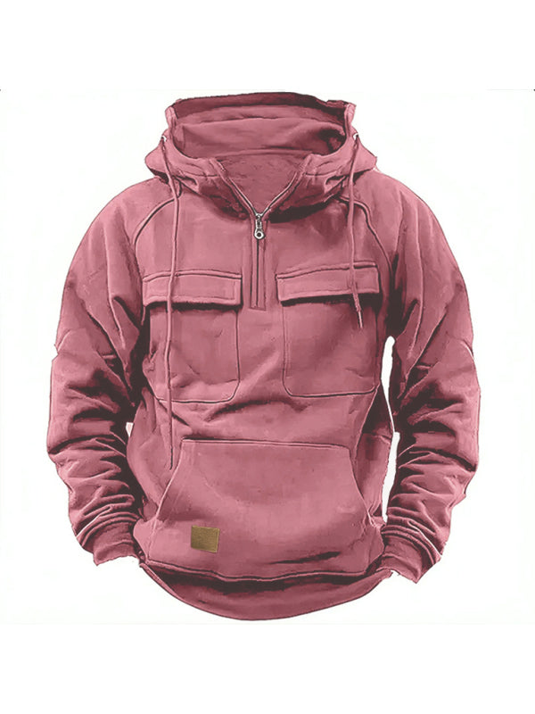 Men’s solid color hooded sports multi-pocket sweatshirt jacket