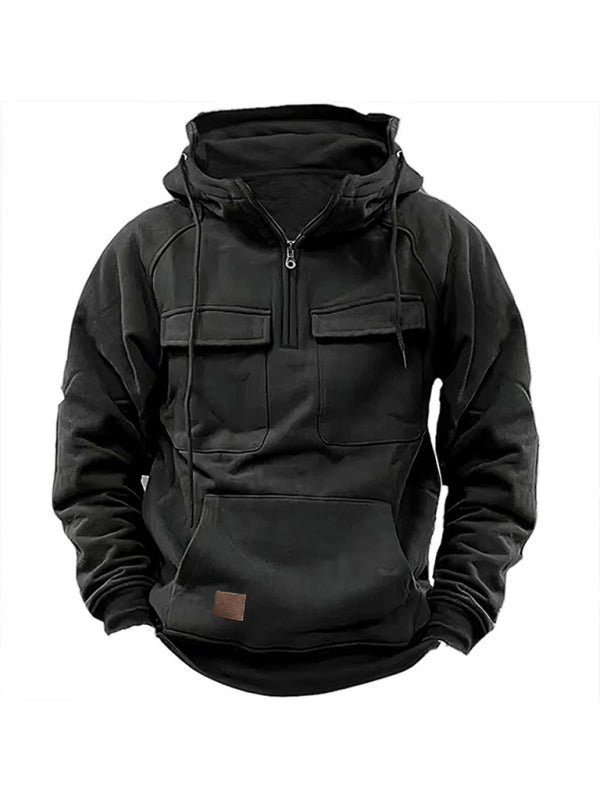 Men’s solid color hooded sports multi-pocket sweatshirt jacket - Black / S
