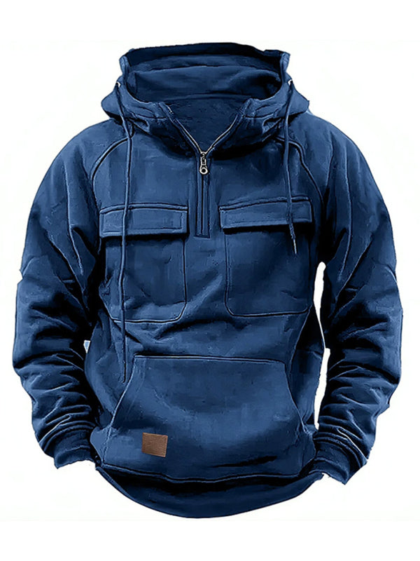 Men’s solid color hooded sports multi-pocket sweatshirt jacket - Blue / S