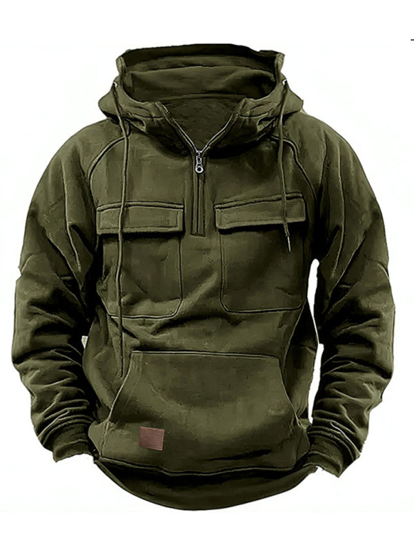 Men’s solid color hooded sports multi-pocket sweatshirt jacket - Green / S