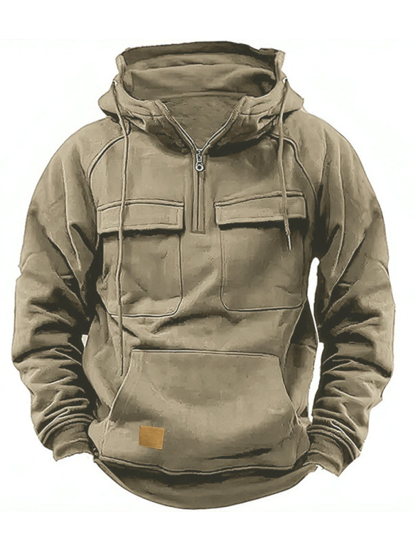 Men’s solid color hooded sports multi-pocket sweatshirt jacket - Khaki / S