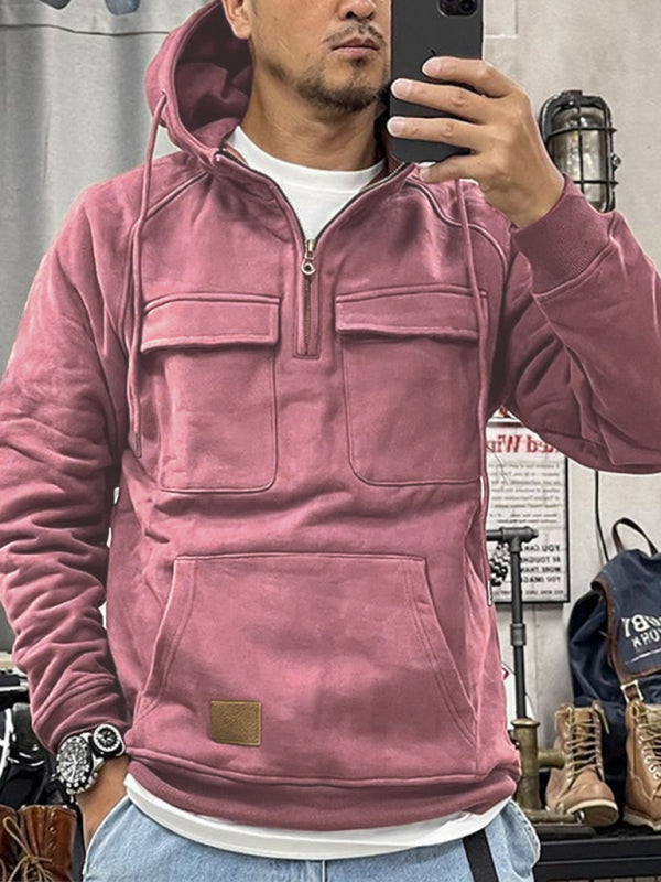 Men’s solid color hooded sports multi-pocket sweatshirt jacket - Pink / S