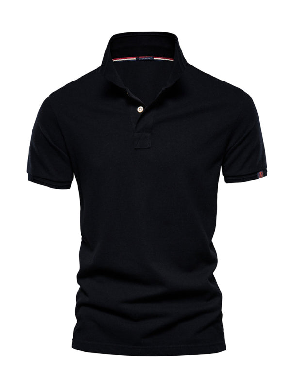 Men’s solid color lapel casual short-sleeved POLO shirt - Black / L