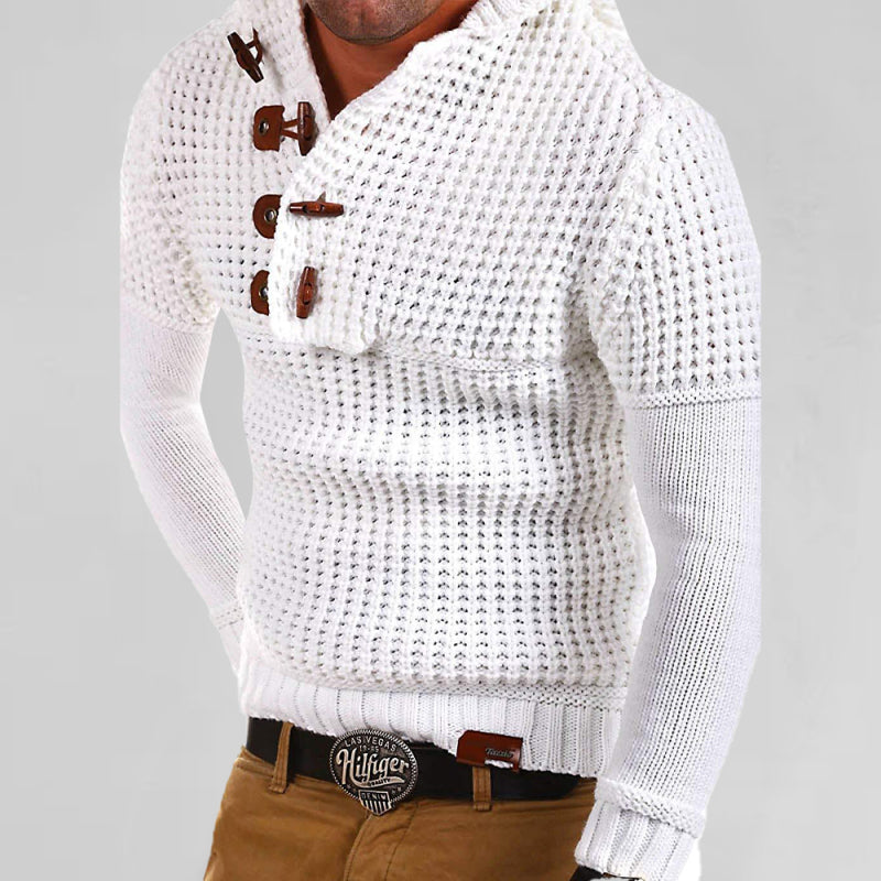 Men’s Solid Color Lapel Collar Diagonal Button Horn Button Pullover Sweater - White / M