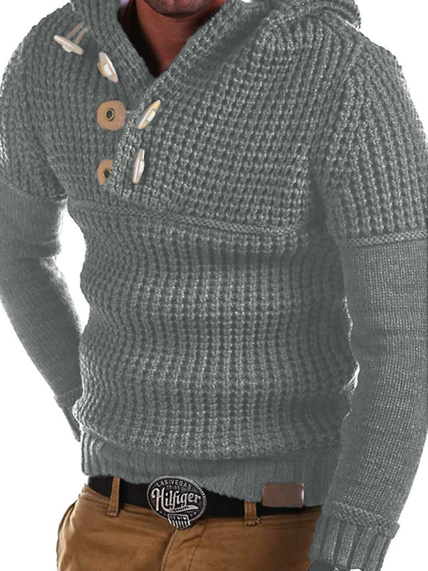 Men’s Solid Color Lapel Collar Diagonal Button Horn Button Pullover Sweater - Charcoal grey / M