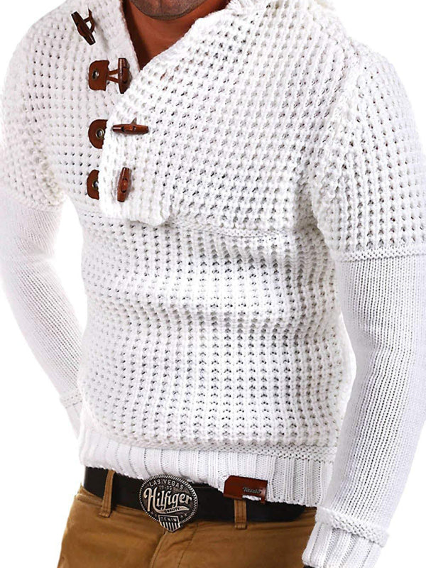 Men’s Solid Color Lapel Collar Diagonal Button Horn Button Pullover Sweater