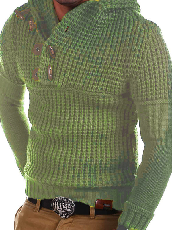 Men’s Solid Color Lapel Collar Diagonal Button Horn Button Pullover Sweater - Olive green / M