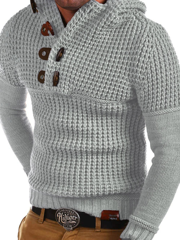 Men’s Solid Color Lapel Collar Diagonal Button Horn Button Pullover Sweater - Misty grey / M